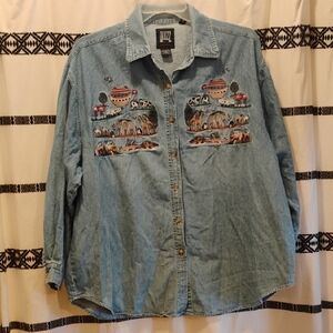 Denim Button-Up Shirt with Animal Embroidery